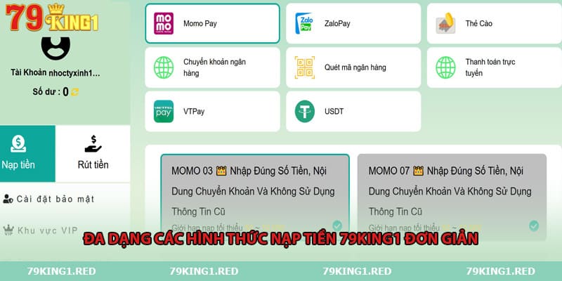 Đa dạng các hình thức nạp tiền 79King1 đơn giản